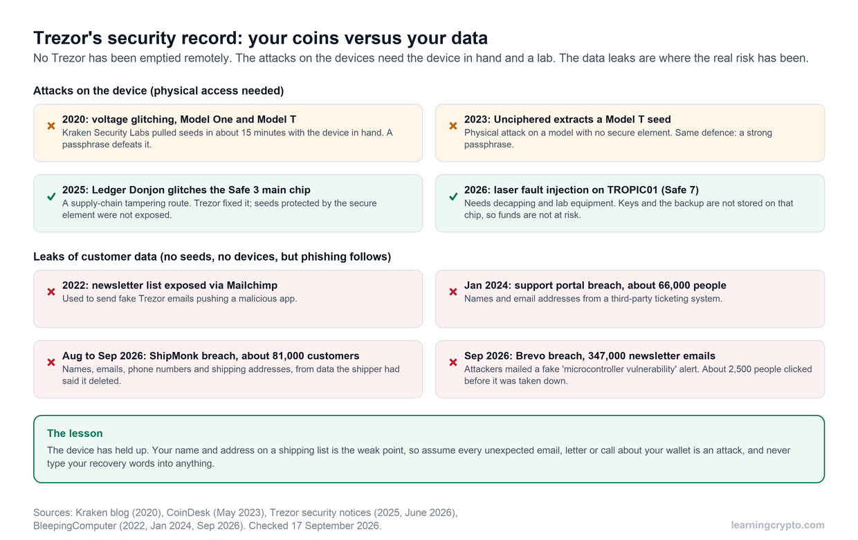 Record of published attacks on Trezor devices from 2020 to 2026, all needing physical access, alongside four customer data leaks from 2022 to September 2026 that exposed contact details but no seeds or devices