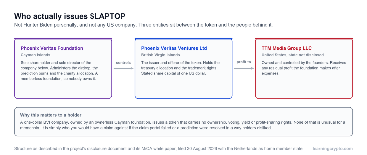 Diagram of the three entities behind the LAPTOP token: a Cayman Islands foundation that controls a British Virgin Islands company which issues the token, with residual profit flowing to a US company owned by the founders