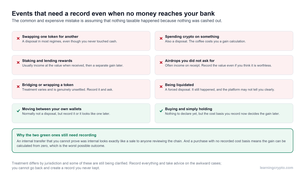 Grid of eight crypto events showing which create a tax event despite no cash moving, including swaps, spending, staking rewards, airdrops, bridging and liquidations, and two that do not but still need recording