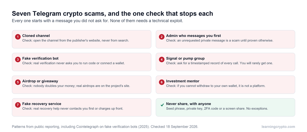 Eight panels listing seven common Telegram crypto scams, from cloned channels and fake admins to verification bots, signal groups, airdrops, investment mentors and recovery services, each with the single check that stops it
