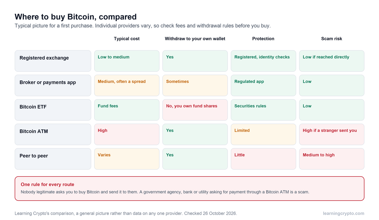 Comparison chart of five ways to buy Bitcoin: registered exchange, broker app, Bitcoin ETF, Bitcoin ATM and peer to peer, rated on typical cost, whether you can withdraw to your own wallet, buyer protection and scam risk.